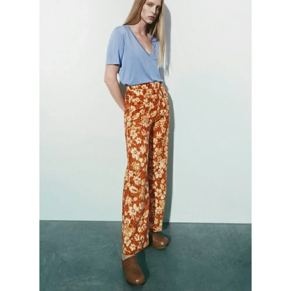 NEW Zara wide leg LINEN Pants XSMALL burnt orange Bohemian
